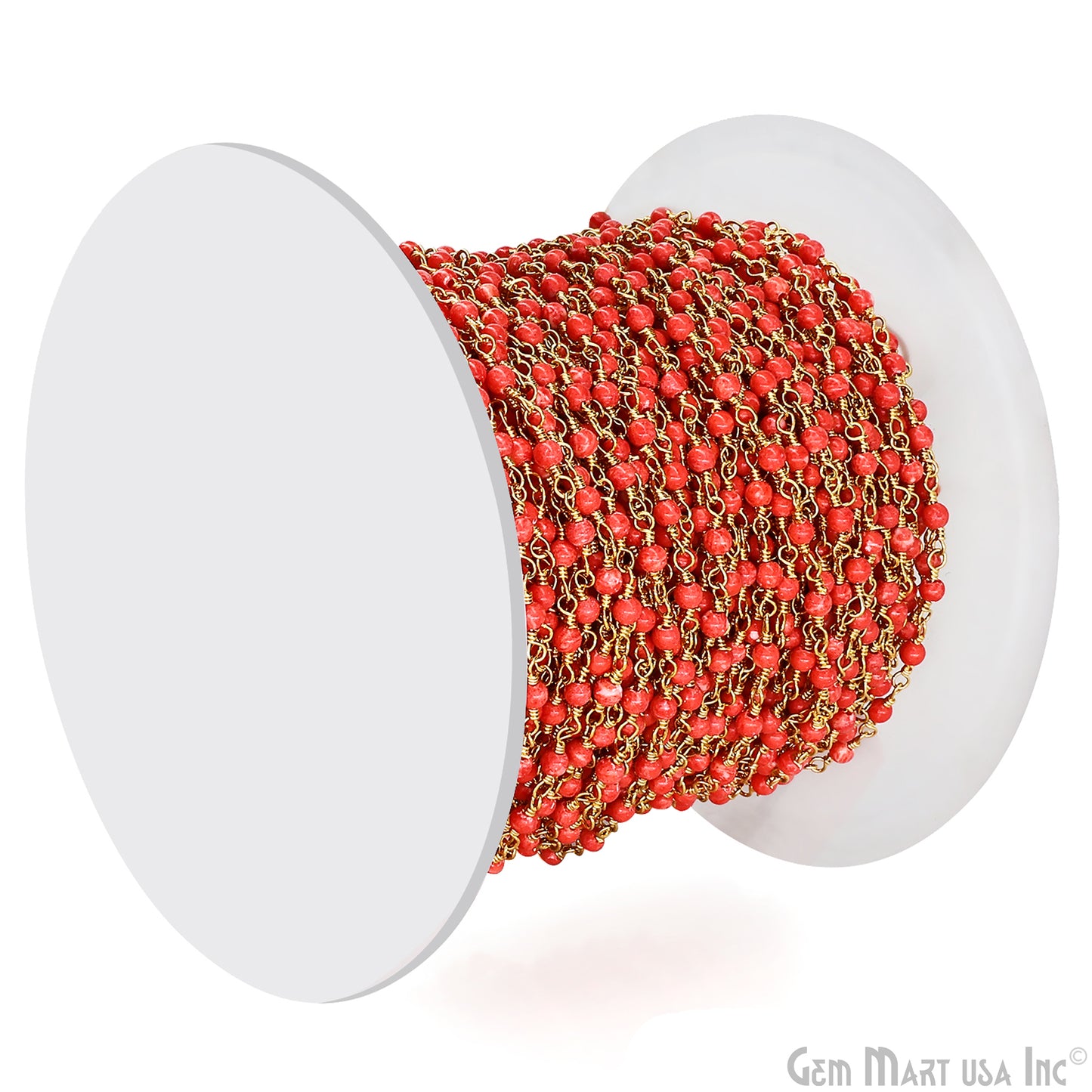 Coral Color Cabochon Beads 2mm Gold Plated Gemstone Rosary Chain
