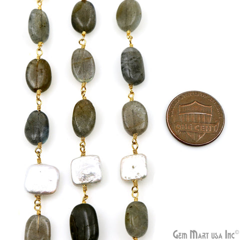 Labradorite & Freshwater Pearl Tumble Beads Gold Plated Rosary Chain