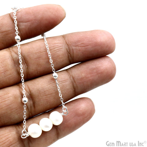 Freshwater Pearl Round Gemstone Chain With Lobster Clasp Bracelet 7Inch