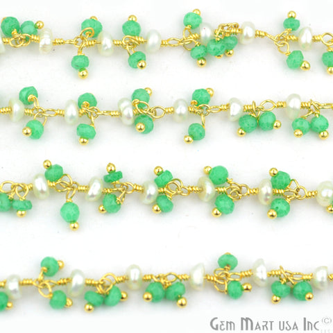 Green Chalcedony & Freshwater Pearl Gold Wire Wrapped Cluster Dangle Chain - GemMartUSA (764169224239)