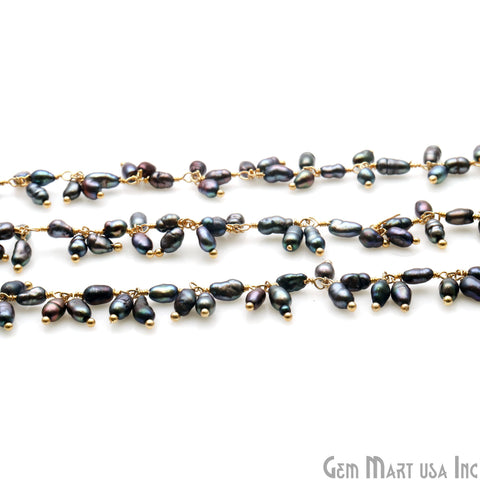 Black Freshwater Pearl Oval 3x2mm Gold Wire Wrapped Cluster Rosary Chain - GemMartUSA