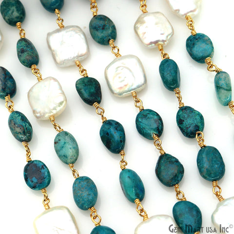 Chrysocolla Tumble Beads 8x5mm & Freshwater Pearl 12mm Beads Gold Plated Rosary Chain