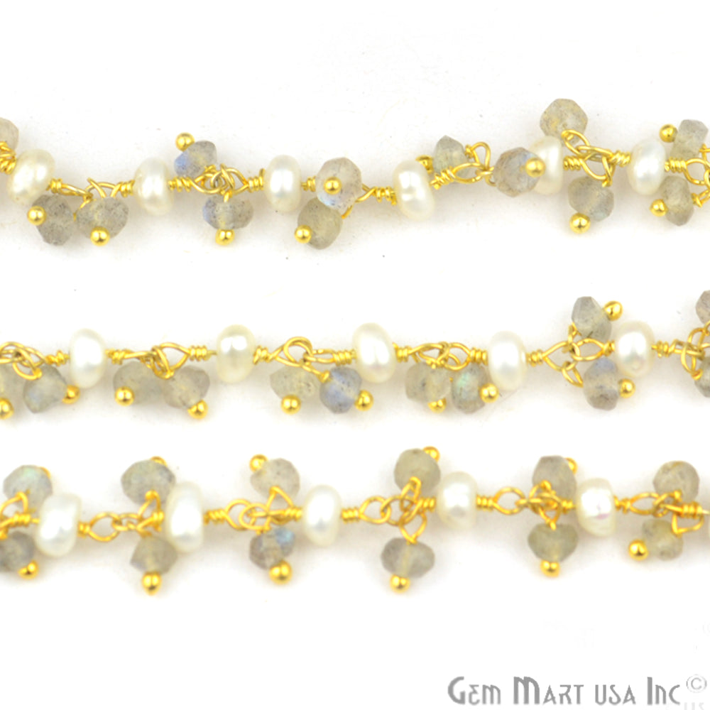 Labradorite With Freshwater Pearl Faceted Beads Gold Plated Cluster Dangle Rosary Chain - GemMartUSA (764171550767)