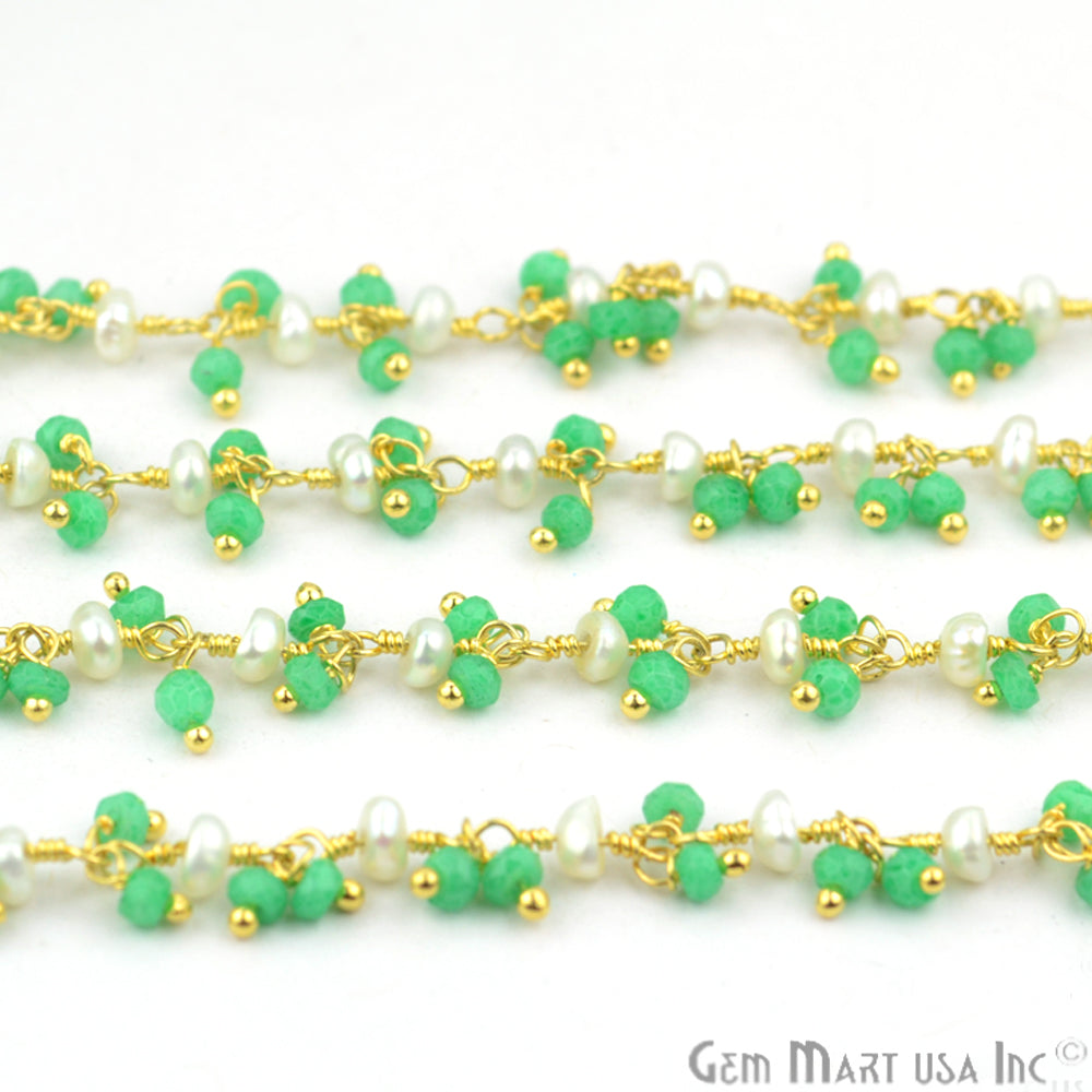 Green Chalcedony & Freshwater Pearl Gold Wire Wrapped Cluster Dangle Chain - GemMartUSA (764169224239)