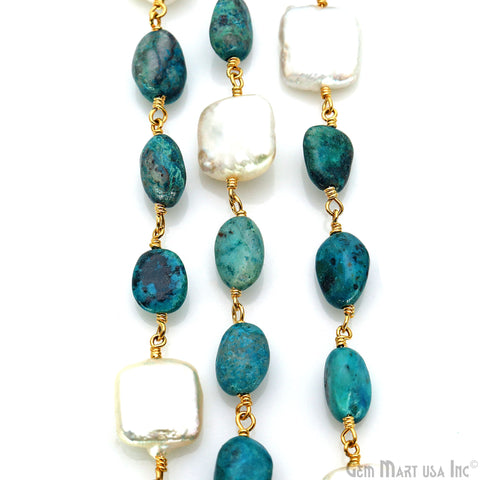Chrysocolla Tumble Beads 8x5mm & Freshwater Pearl 12mm Beads Gold Plated Rosary Chain