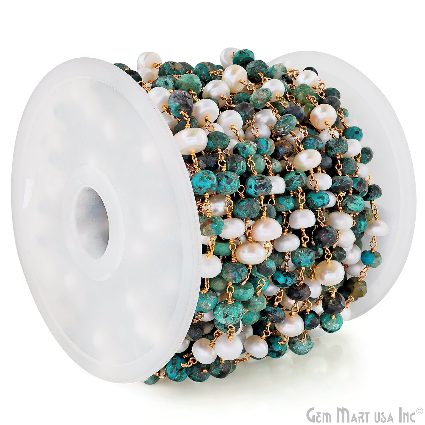 Chrysocolla & Pearl Rondelle Beads Gold Plated Wire Wrapped Rosary Chain