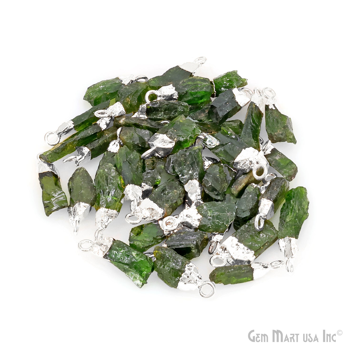 Raw Chrome Diopside Gemstone 18x5mm Organic Shape Silver Edged Single Bail Connector Charm