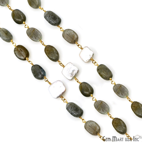 Labradorite & Freshwater Pearl Tumble Beads Gold Plated Rosary Chain