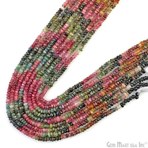 Multi Tourmaline Rondelle Beads, 13 Inch Gemstone Strands, Drilled Strung Nugget Beads, Faceted Round, 3.5-4mm