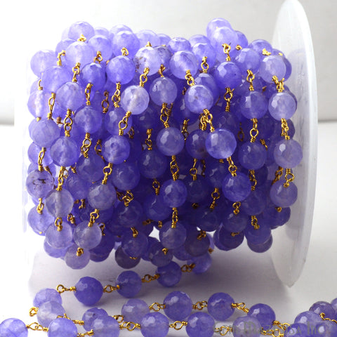 Dyed Jade Bead Faceted Crystal Round Rosary Chain Gold Plating, 8mm, 1+ ft