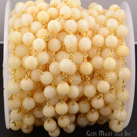 Dyed Jade Bead Faceted Crystal Round Rosary Chain Gold Plating, 8mm, 1+ ft