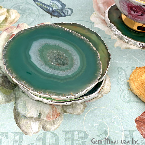 Green Natural Gemstone Coaster, Agate Slice Coaster, Rock & Crystal Coaster, Organic/Silver/Gold Plated Drinkware