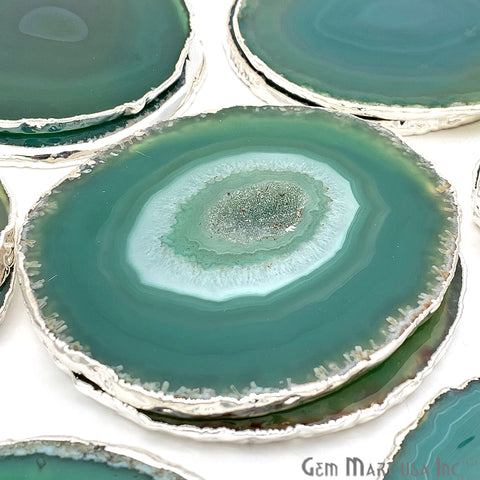 Green Natural Gemstone Coaster, Agate Slice Coaster, Rock & Crystal Coaster, Organic/Silver/Gold Plated Drinkware