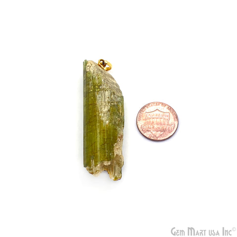 Green Tourmaline Free Form shape 55x18mm Gold Plated Gemstone Single Bail Pendant