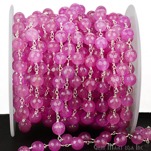 Dyed Jade Bead Faceted Crystal Round Rosary Chain Silver Plating, 8mm, 1+ ft