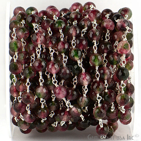 Dyed Jade Bead Faceted Crystal Round Rosary Chain Silver Plating, 8mm, 1+ ft