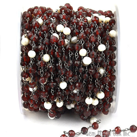 Garnet With Freshwater Pearl 4mm Oxidized Wire Wrapped Beads Rosary Chain - GemMartUSA (762860109871)