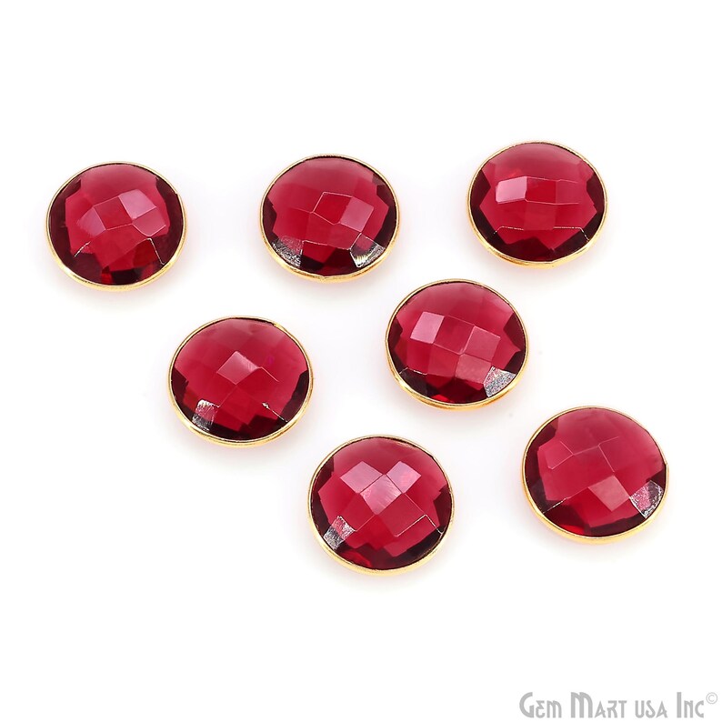 Pink Tourmaline Round Faceted Stones Gold Rim, Red Glass Cabochons Bezel Connector