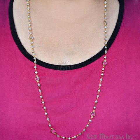 Pearl Necklace With Bezel Gold Wire Wrapped Rosary Chain Necklace