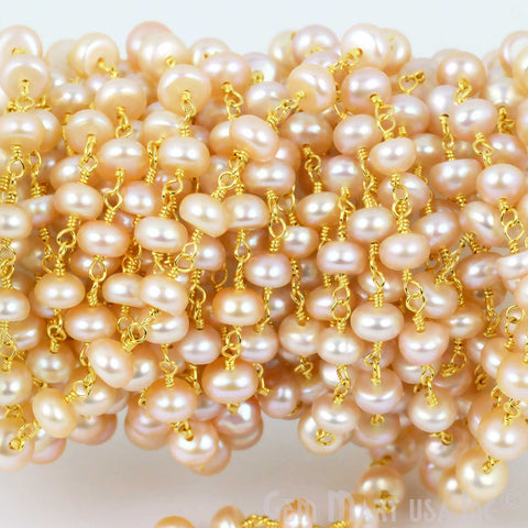 Pink Pearl Round 5mm Gold Plated Wire Wrapped Gemstone Rosary Chain - GemMartUSA
