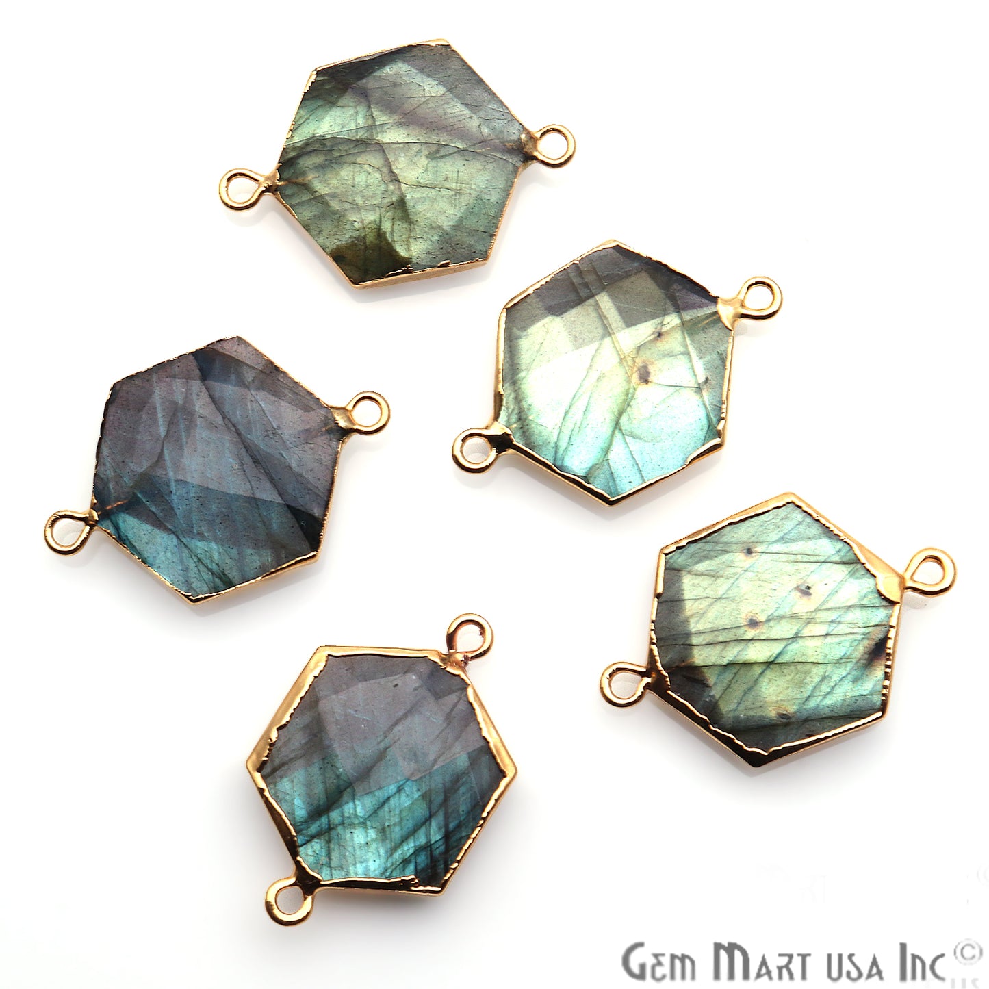 Labradorite Hexagon Shape 17x25mm Gold Electroplated Gemstone Connector - GemMartUSA