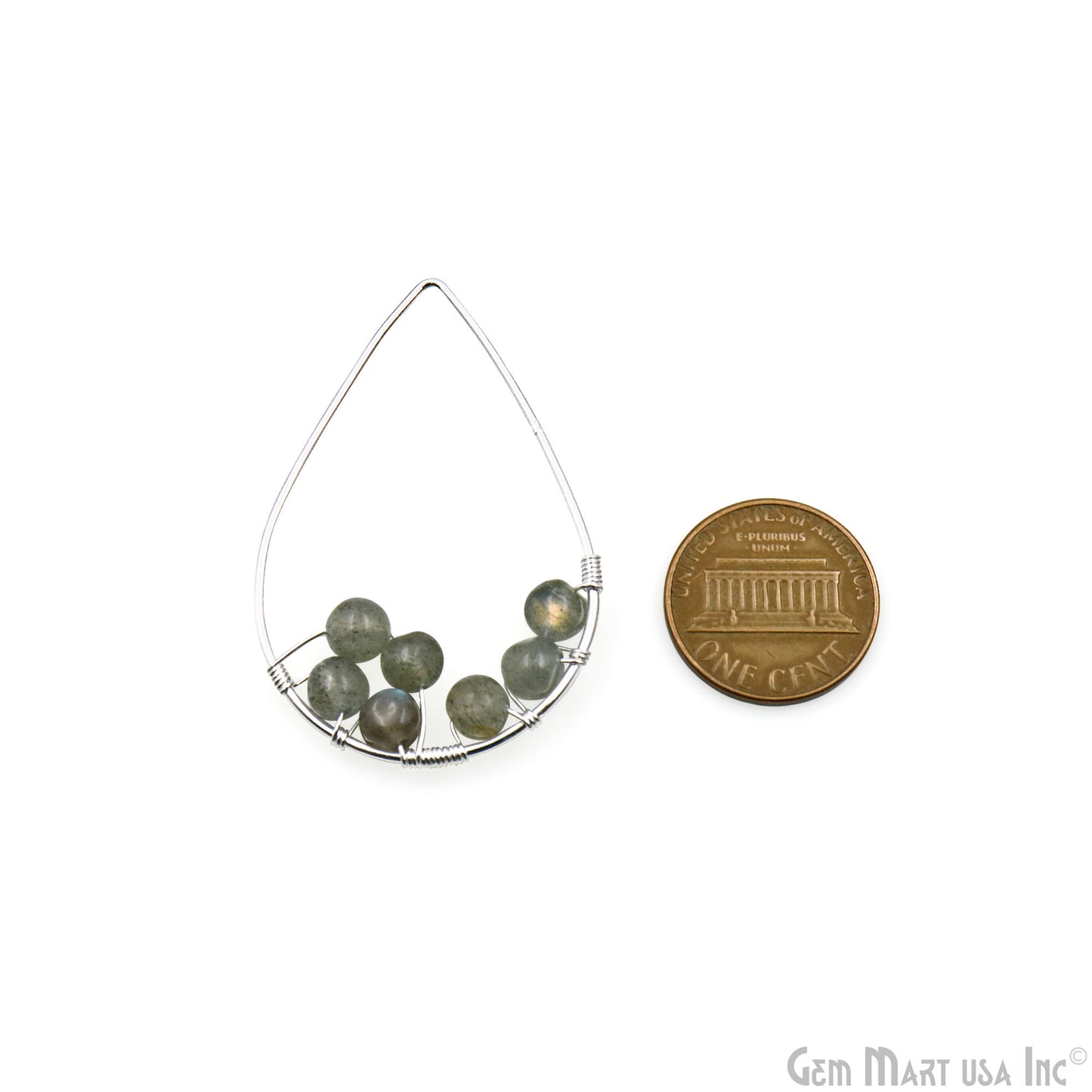 Labradorite Beaded Pear Shape Pendant Connector in Silver Plating 45x32mm