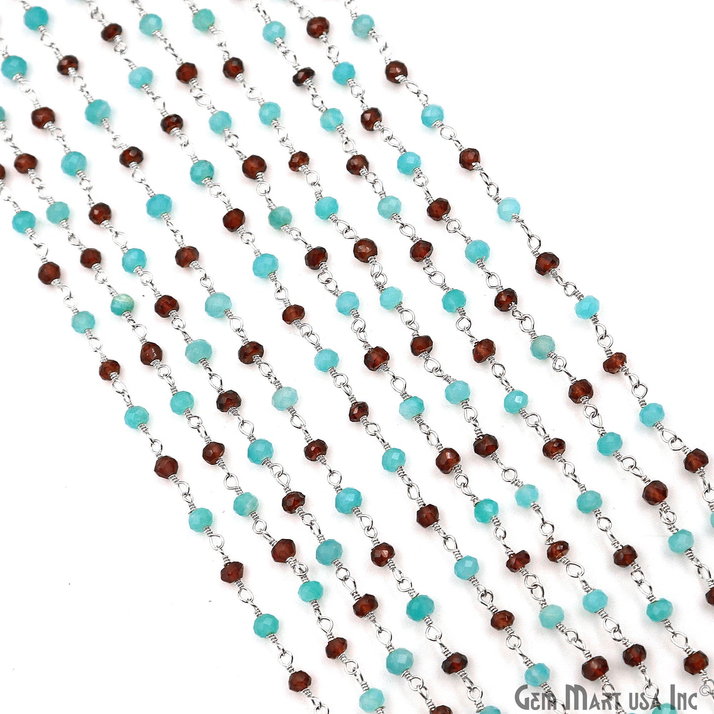 Garnet & Amazonite Beads 3-3.5mm Silver Plated Wire Wrapped Rosary Chain