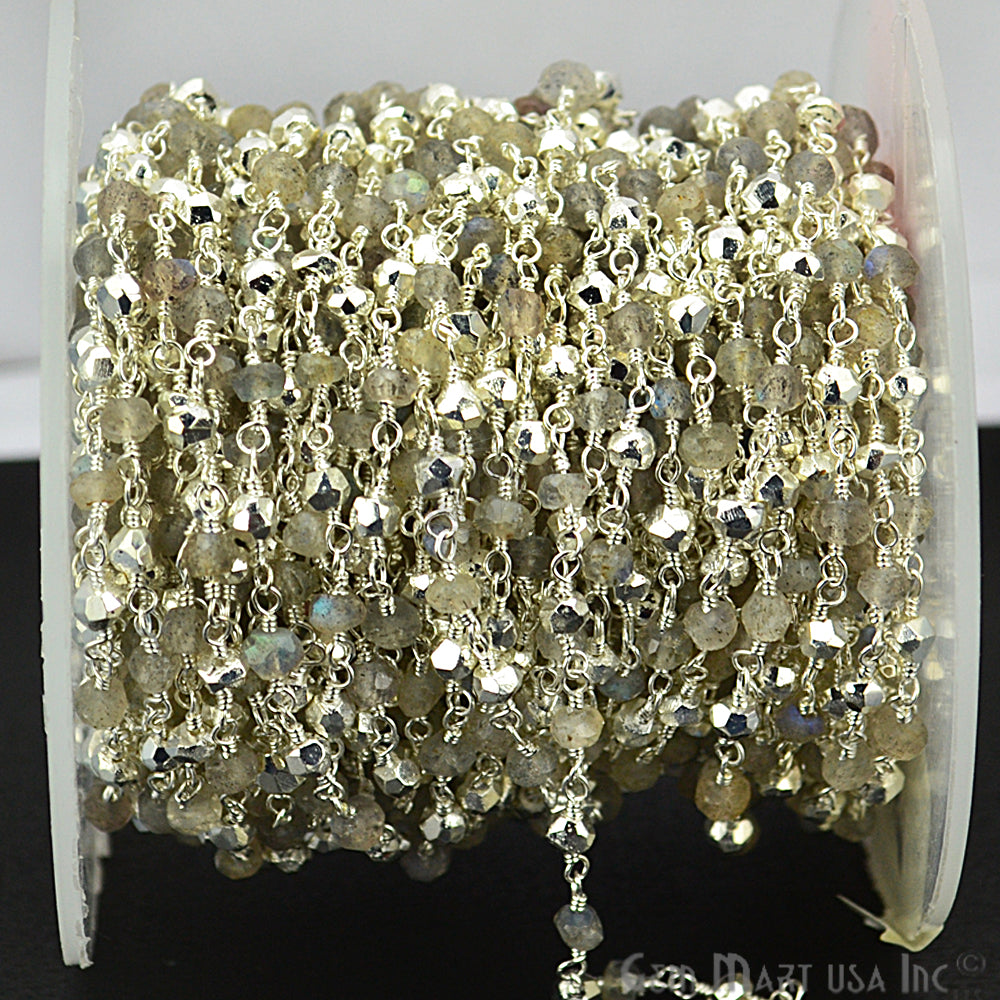 Silver Pyrite & Labradorite Gemstone Bead Wire Wrapped Rosary Chain - GemmartUSA