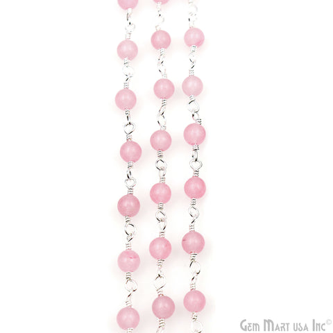 Pink Jade Cabochon 4mm Silver Wire Wrapped Rosary Chain