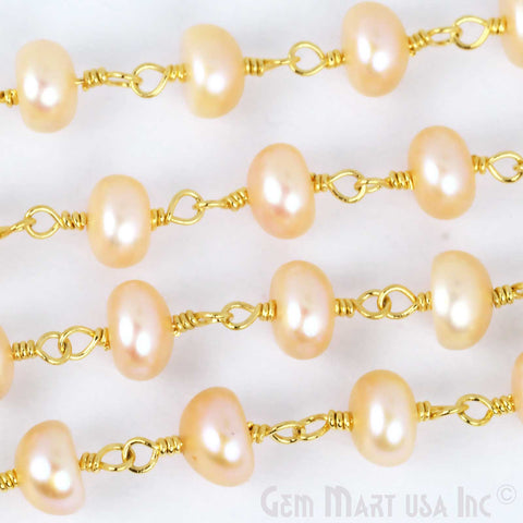 Pink Pearl Round 5mm Gold Plated Wire Wrapped Gemstone Rosary Chain - GemMartUSA