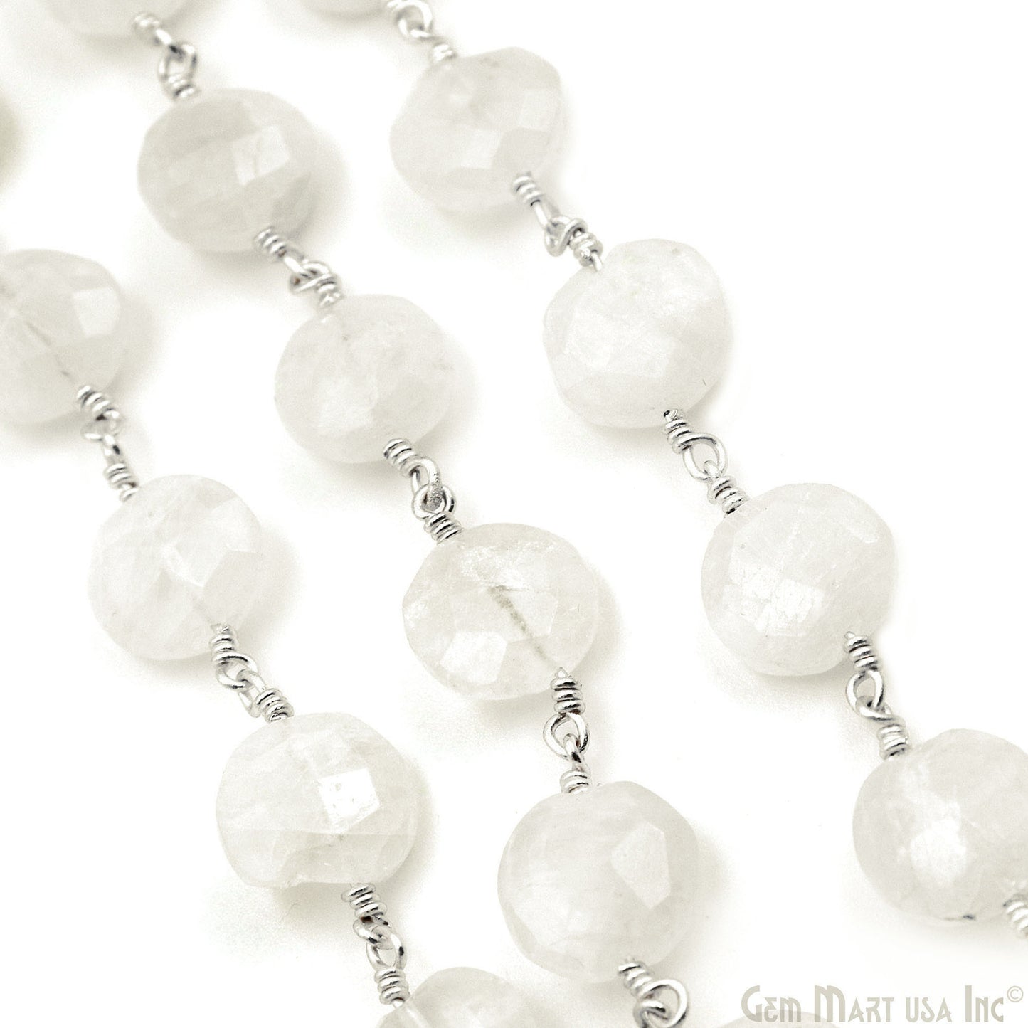 Rainbow Moonstone Coin Shape 10-12mm Silver Wire Wrapped Rosary Chain