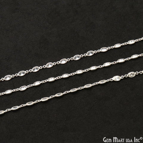 White Zircon 5x4mm Oval Silver Bezel Continuous Connector Chain