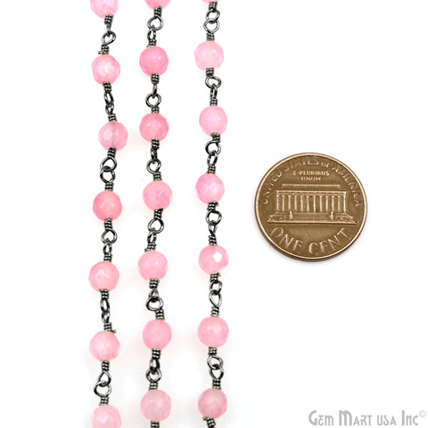 Light Pink Jade Faceted Beads 4mm Oxidized Wire Wrapped Rosary Chain