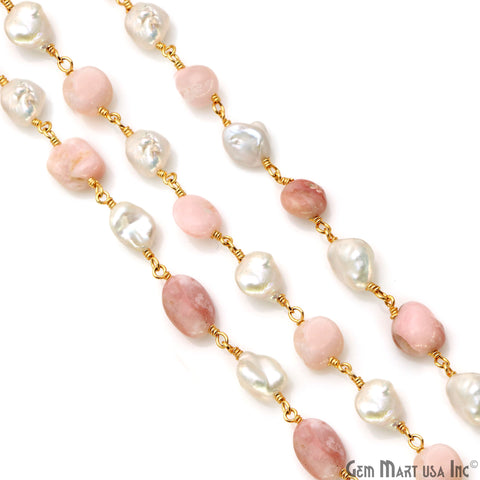 Pink Opal Tumble Beads 8x5mm & Pearl 5-6mm Beads Gold Plated Rosary Chain