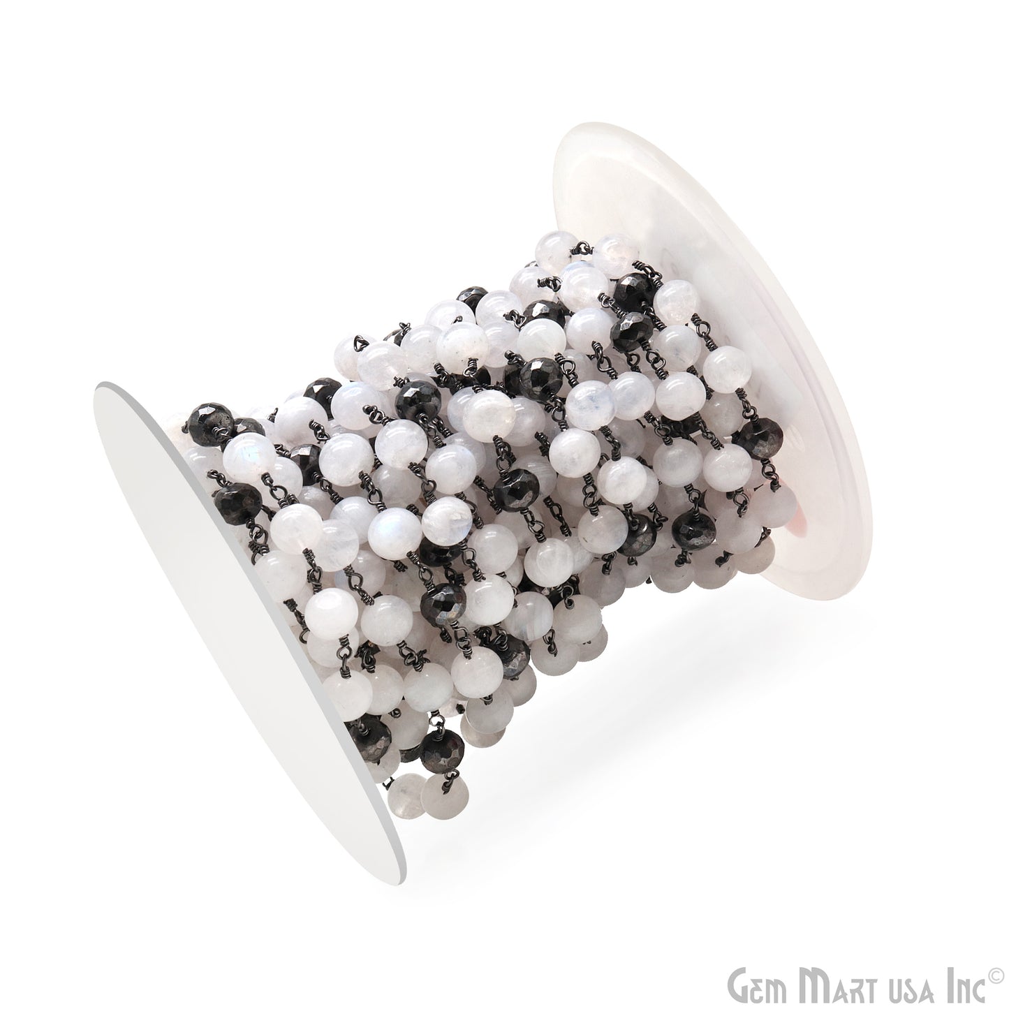 Rainbow Moonstone & Black Pyrite Oxidized Cabochon Beads Rosary Chain
