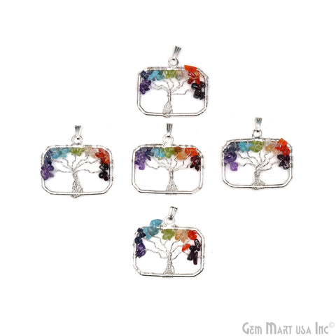 Multi Color Tree Of Life 45x29mm Silver Wire Wrapped Rectangle Shape Pendant