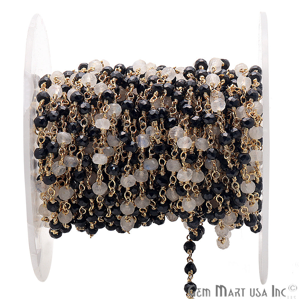 Black Spinel & Rainbow Moonstone Gold Plated Wire Wrapped Rosary Chain - GemmartUSA