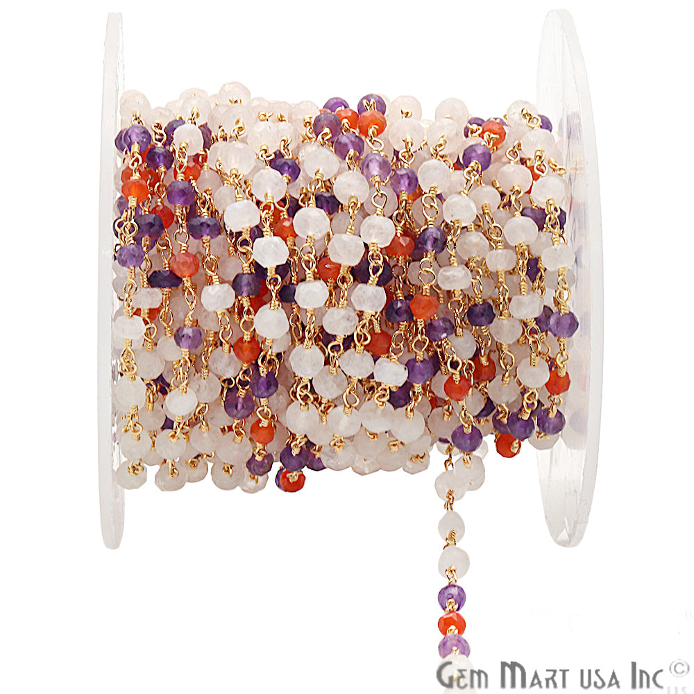 Carnelian, Amethyst & Rainbow Moonstone Multi Gemstone Beaded Wire Wrapped Rosary Chain - GemmartUSA