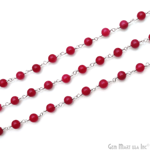 Ruby Jade Cabochon Beads 6mm Silver Wire Wrapped Rosary Chain