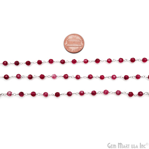 Ruby Jade 4mm Faceted Beads Silver Wire Wrapped Rosary Chain
