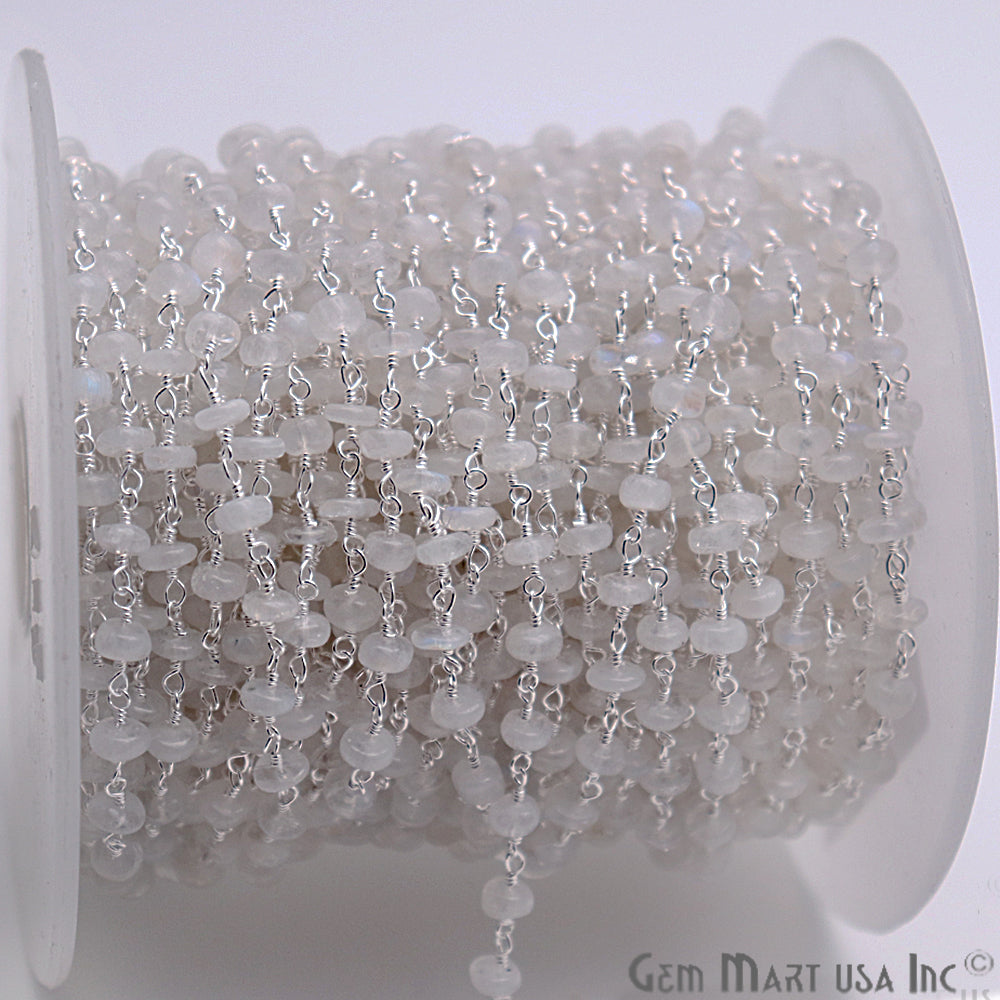Rainbow Moonstone Smooth Beads Silver Plated Wire Wrapped Rosary Chain - GemmartUSA