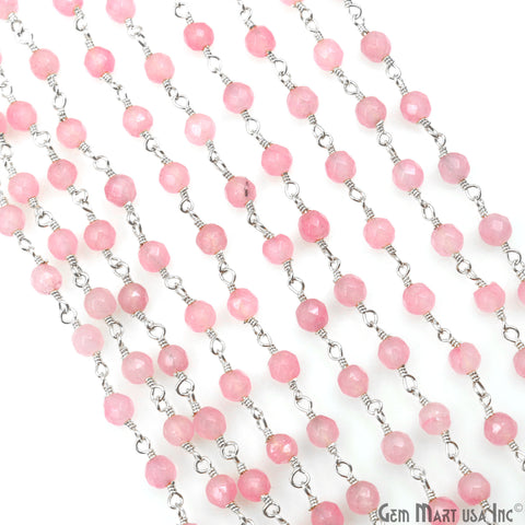 Light Pink Jade Beads 4mm Silver Plated Wire Wrapped Rosary Chain