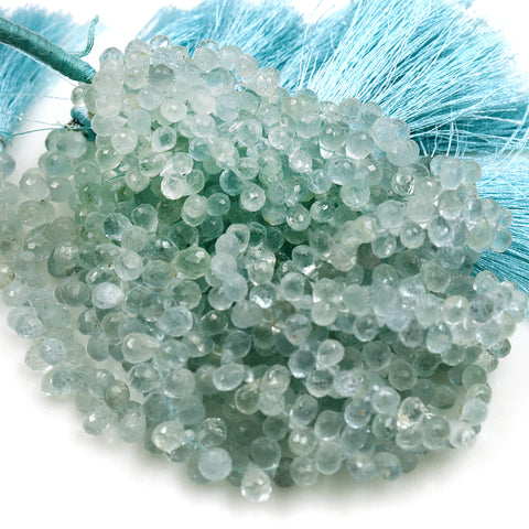 Aquamarine Teardrop Beads, 9 Inch Gemstone Strands, Drilled Strung Briolette Beads, Teardrop Shape, 6x4mm