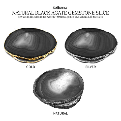 Black Natural Gemstone Coaster, Agate Slice Coaster, Rock & Crystal Coaster, Organic/Silver/Gold Plated Drinkware