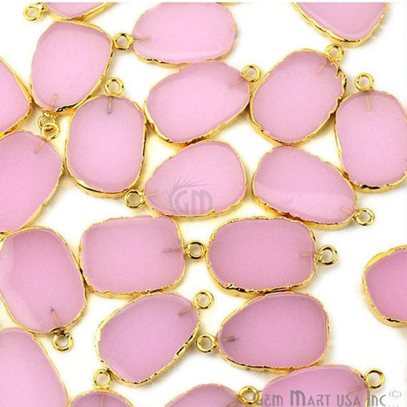 Rose Chalcedony Petite Flat 24x15mm Gold Electroplated Gemstone Link Connector - GemMartUSA
