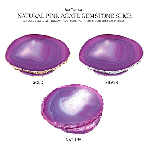 Pink Natural Gemstone Coaster, Agate Slice Coaster, Rock & Crystal Coaster, Organic/Silver/Gold Plated Drinkware