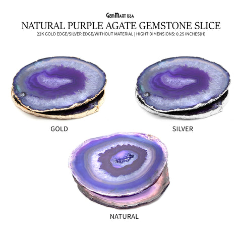 Purple Natural Gemstone Coaster, Agate Slice Coaster, Rock & Crystal Coaster, Organic/Silver/Gold Plated Drinkware