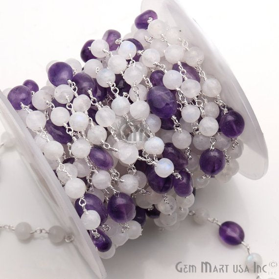 Rainbow Moonstone & Amethyst Gemstone Silver Plated Wire Wrapped Rosary Chain - GemmartUSA