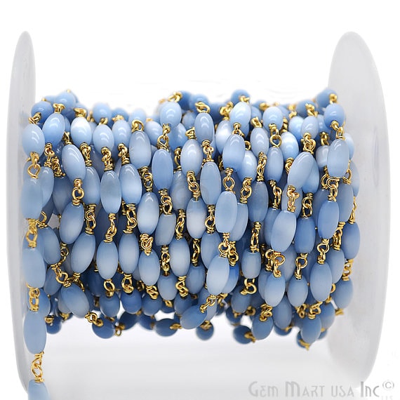 Sky Blue Monalisa Oval Rondelle Beads Chain, Gold Plated Wire Wrapped Rosary Chain - GemmartUSA (764063383599)