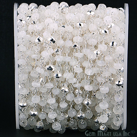 Rainbow Moonstone With Silver Pyrite 3-3.5mm Silver Plated Wire Wrapped Beaded Rosary Chain - GemmartUSA